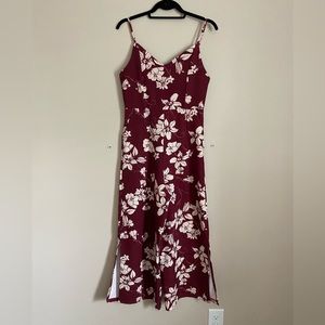 Maroon and beige floral pant jumpsuit with spaghetti straps size 8